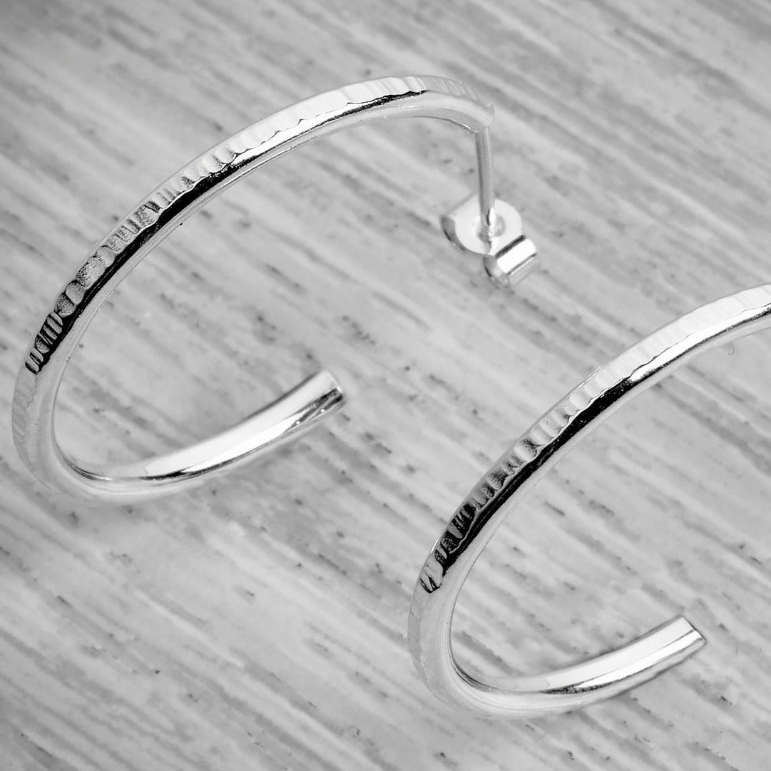 Silver Stacking Hoop Hammered Lines Earrings Bundle