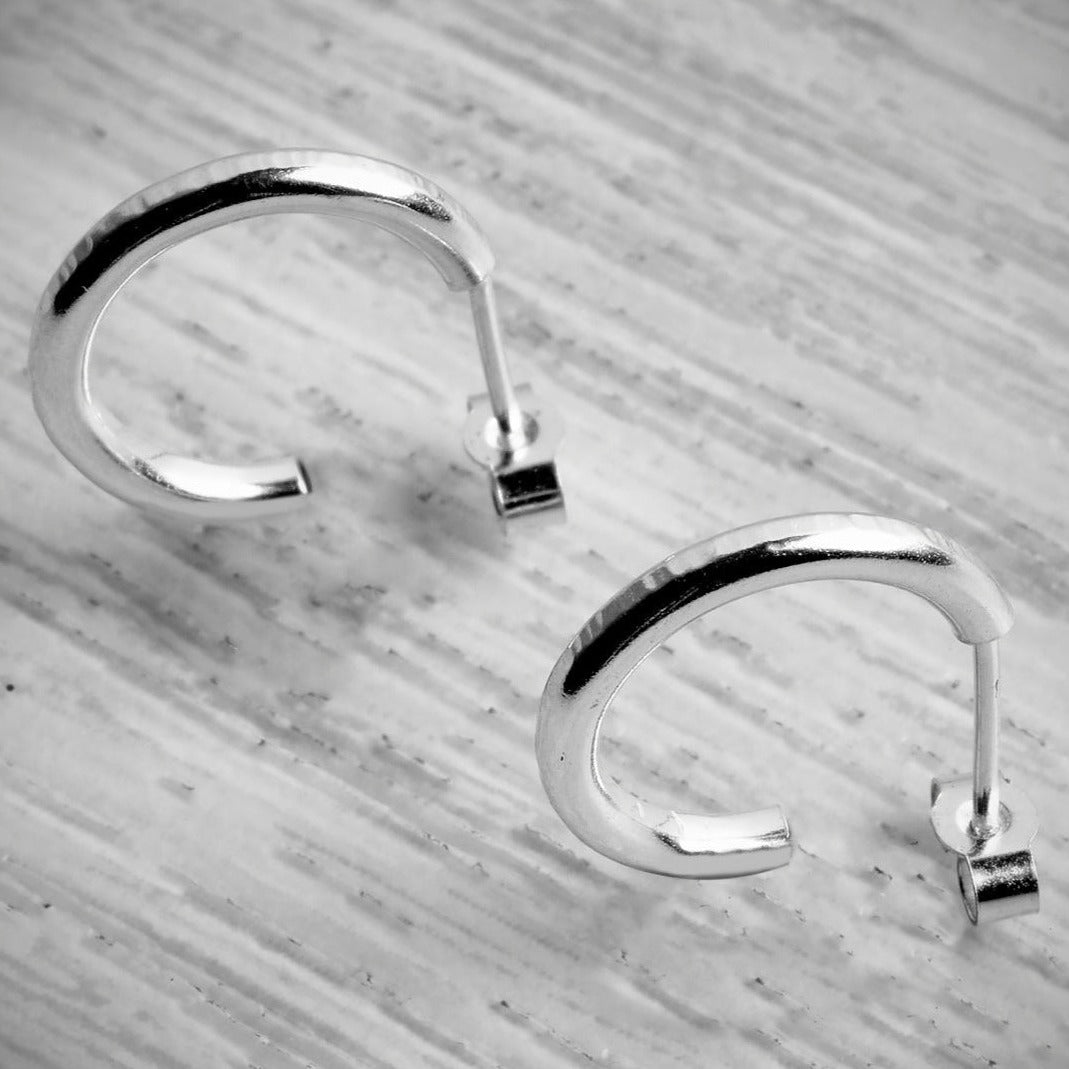 Silver Huggie Stacking Hoop Hammered Lines Earrings