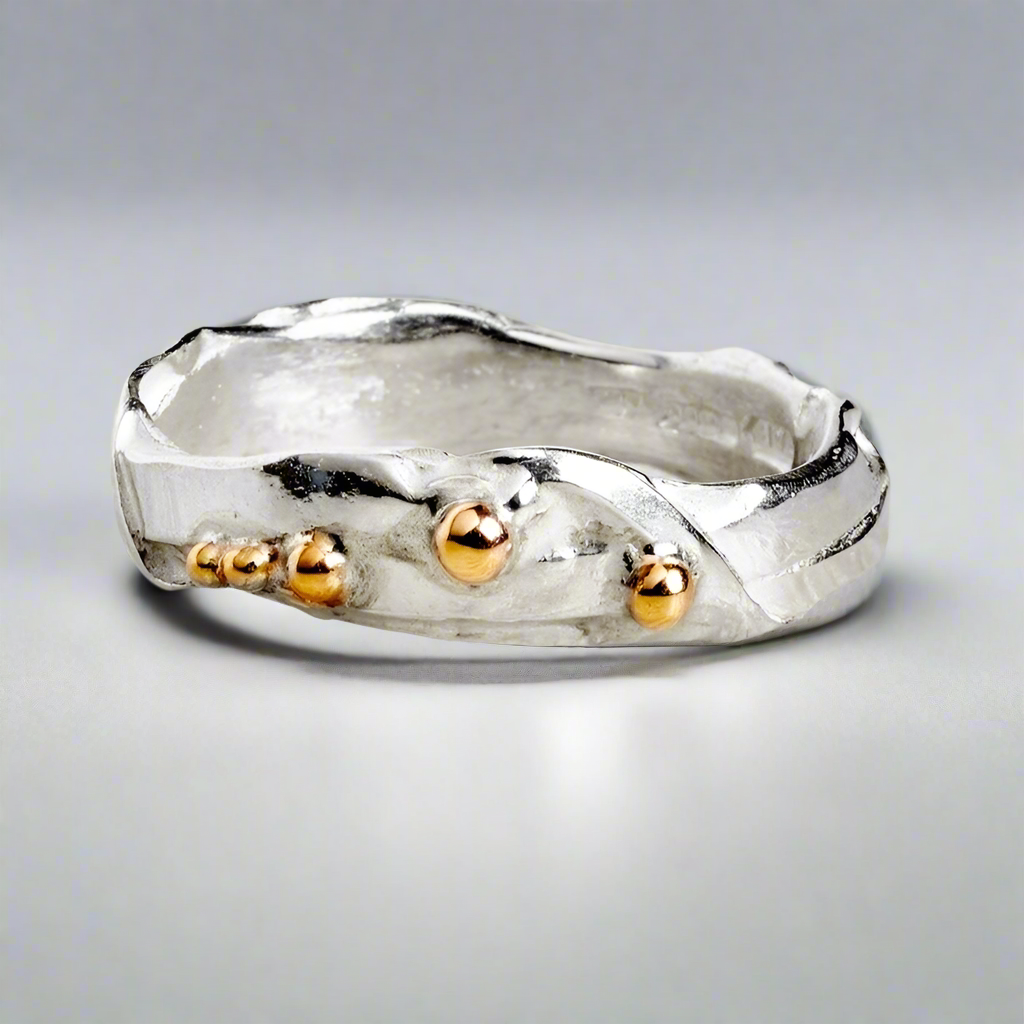 Narrow Ribbon Ring with Gold Nuggets By Fi Mehra