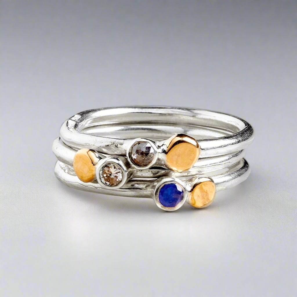 White 3mm Diamond Gold and Silver Ring By Fi Mehra