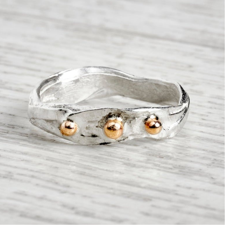 Narrow Ribbon Ring with Gold Nuggets By Fi Mehra