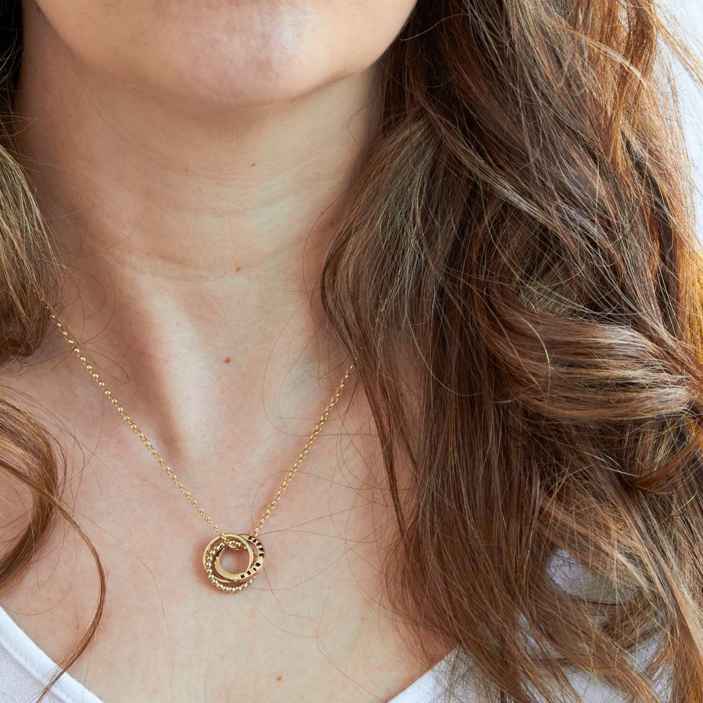 Solid Gold Personalised Triple Circle Pendant and Bobble Loop