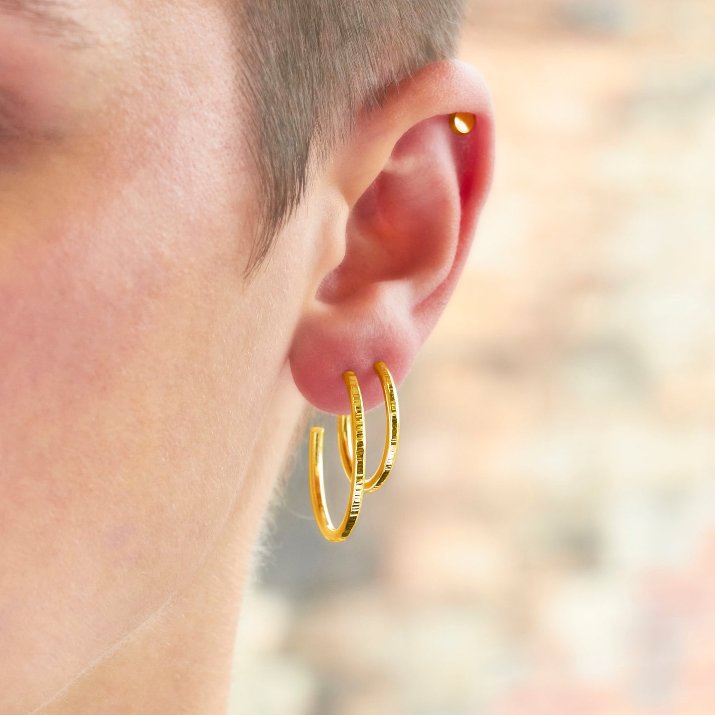 18ct Gold Vermeil Midi Stacking Hoop Hammered Lines Earrings