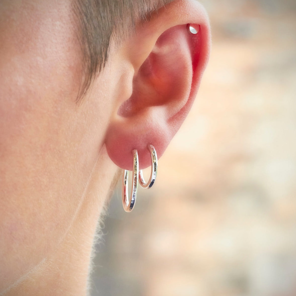 Silver Mini Stacking Hoop Hammered Lines Earrings