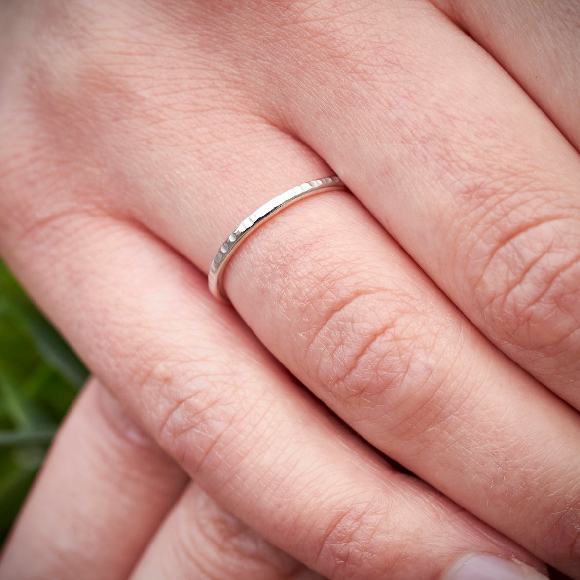 Silver Slender Hammered Lines Stacking Ring