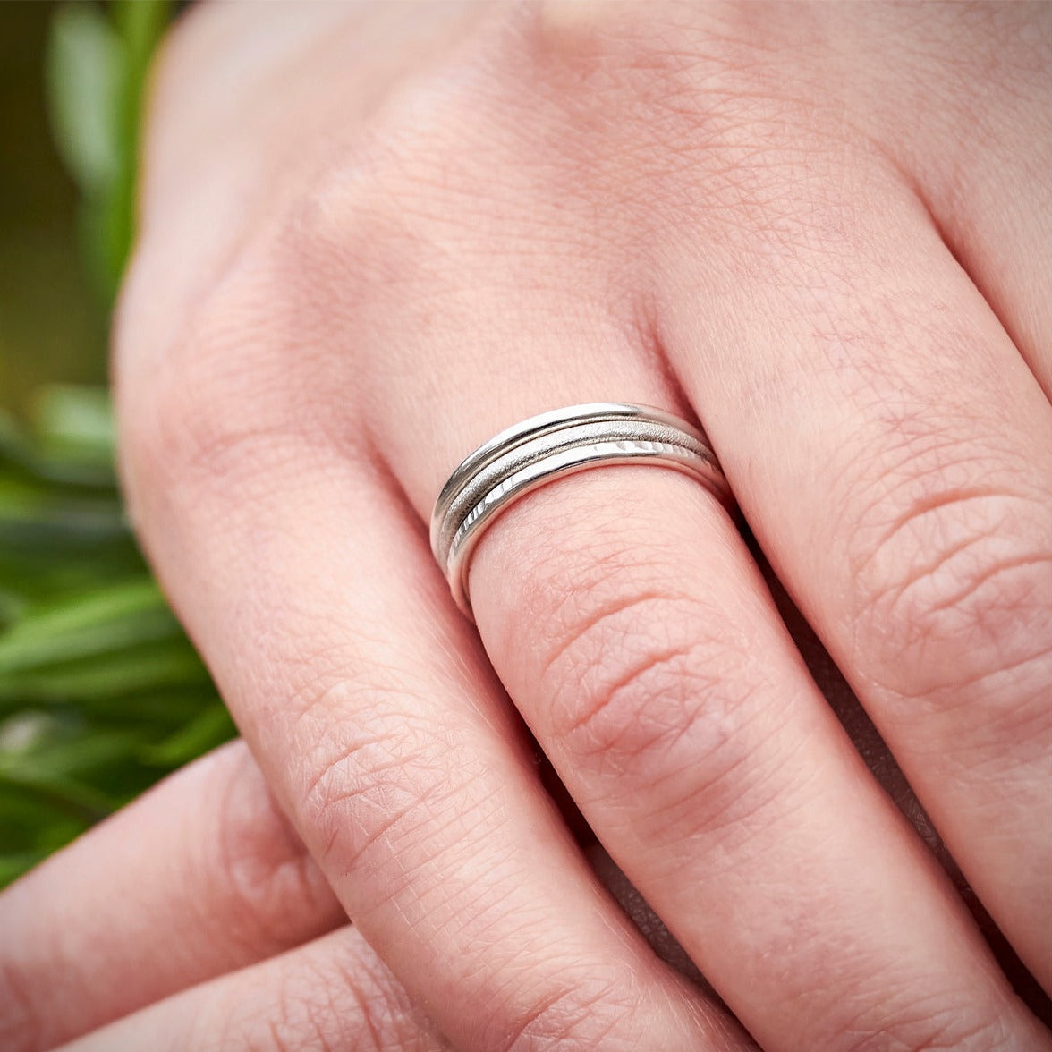 Silver Slender Hammered Lines Stacking Ring