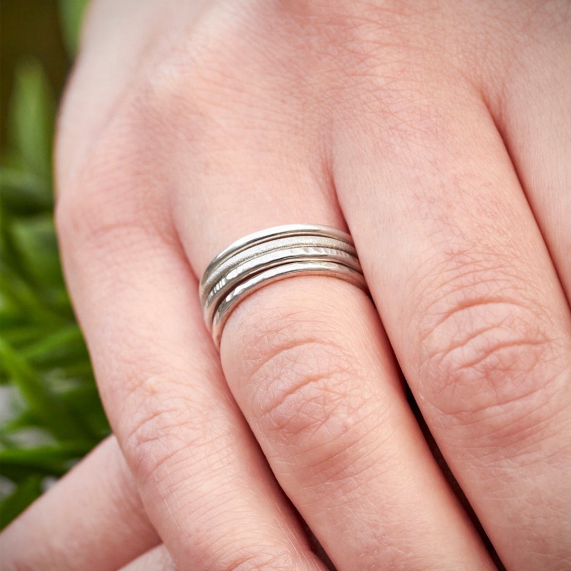 Silver Slender Hammered Lines Stacking Ring