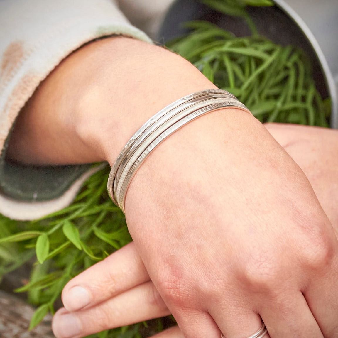 Silver Slender Stacked Dimpled Bangle