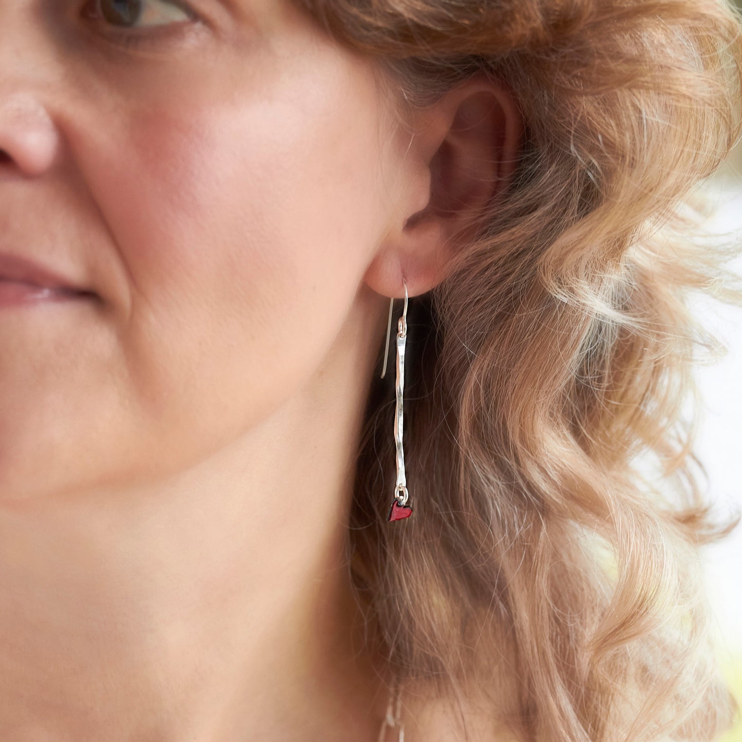 Twisted Drop Silver with Red Heart Hook Earrings by Emma White