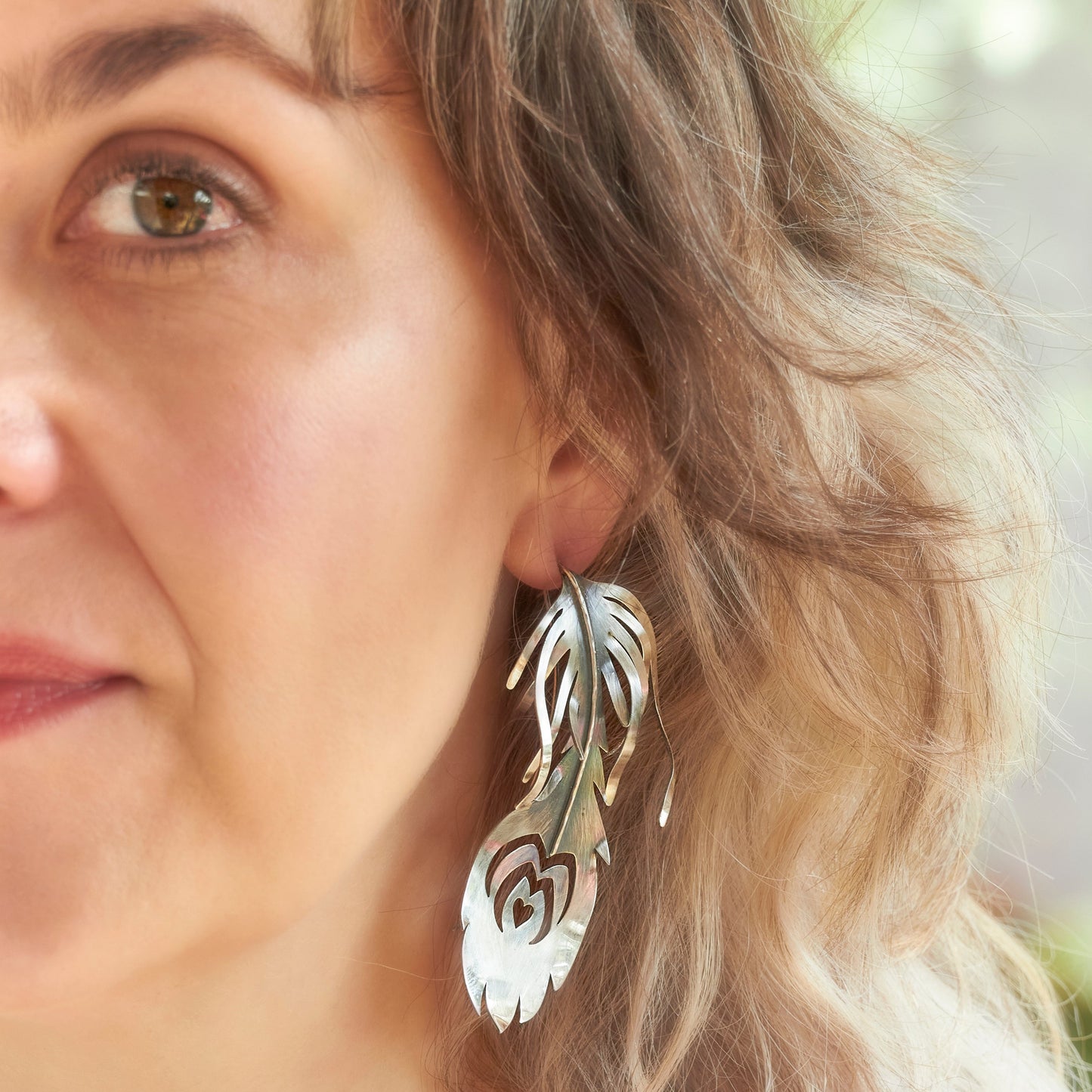 Large Minimalist Peacock Feather Earring by Emma White