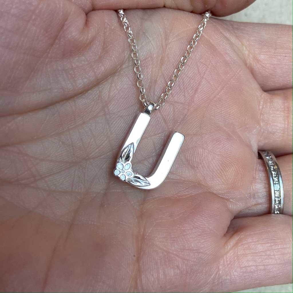 Silver Letter U Necklace, made by Elin Mair, Image property of THE JEWELLERY MAKERS in hand-2