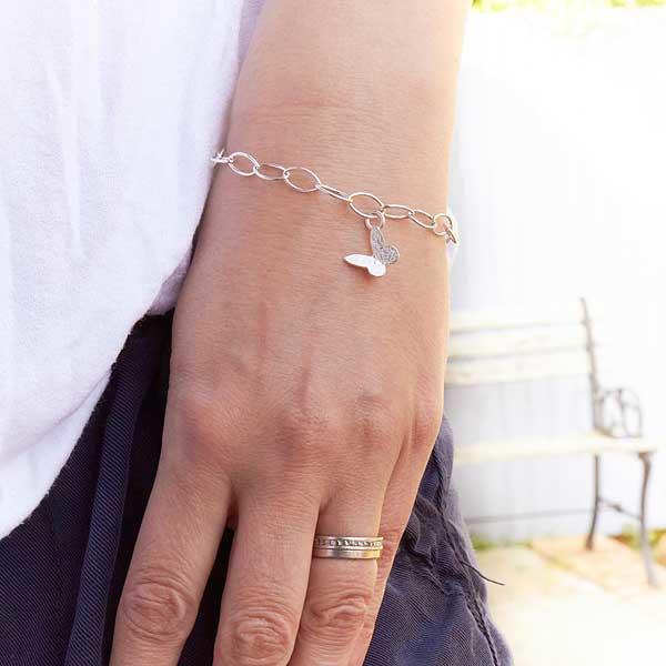 Silver handmade butterfly bracelet made by Jewellery Maker, Emma White. Image property of THE JEWELLERY MAKERS-1