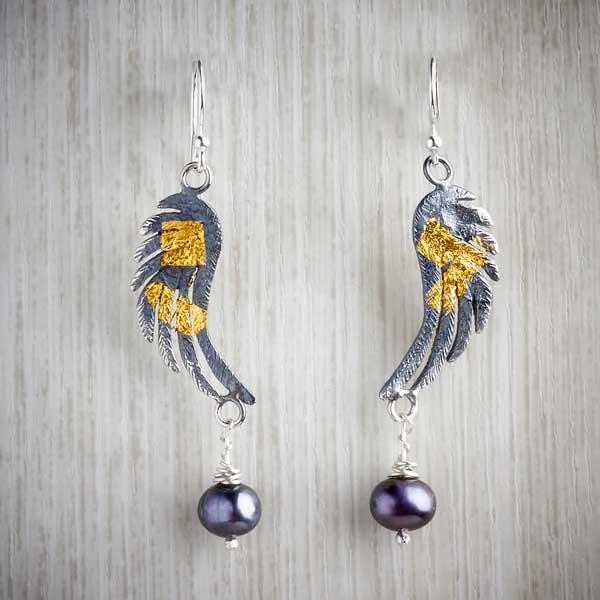 Large Oxidised Silver and Gold Angel Wing Drop Earrings with Pearl by Fi Mehra-1