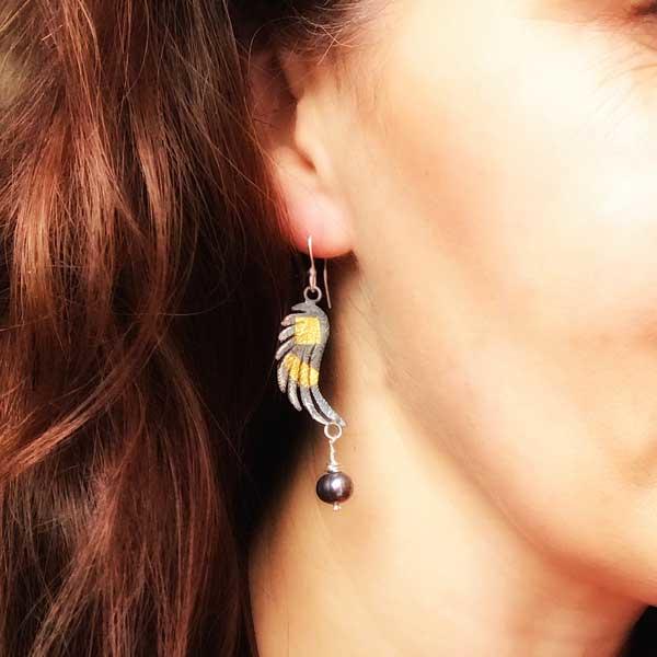 Large Oxidised Silver and Gold Angel Wing Drop Earrings with Pearl by Fi Mehra-0