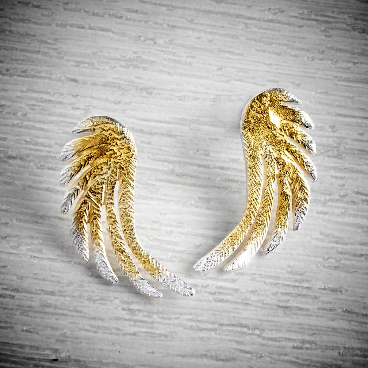 large silver and gold stud angel wing earrings by Fi Mehra available at THE JEWELLERY MAKERS, image property of EMMA WHITE-0