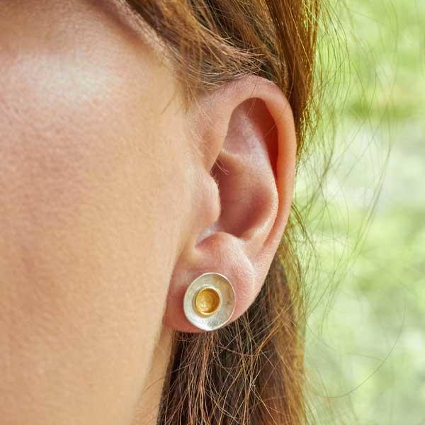Silver and Gold Dimpled Dish Stud Earrings by Fi Mehra. Image property of THE JEWELLERY MAKERS.-2