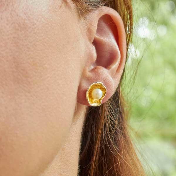 Silver, Gold and Pearl Oyster Cup Stud Earrings by Fi Mehra-2