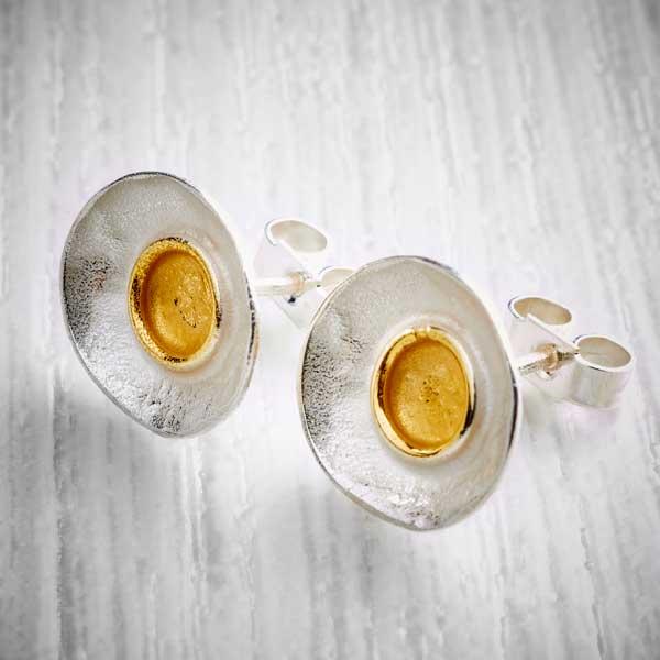 Silver and Gold Dimpled Dish Stud Earrings by Fi Mehra. Image property of THE JEWELLERY MAKERS.-0