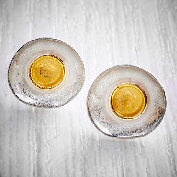 Silver and Gold Dimpled Dish Stud Earrings by Fi Mehra. Image property of THE JEWELLERY MAKERS.-1