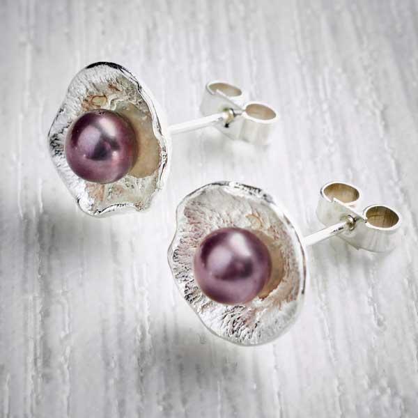 Silver and Peacock Pearl Oyster Cup Stud Earrings by Fi Mehra-0