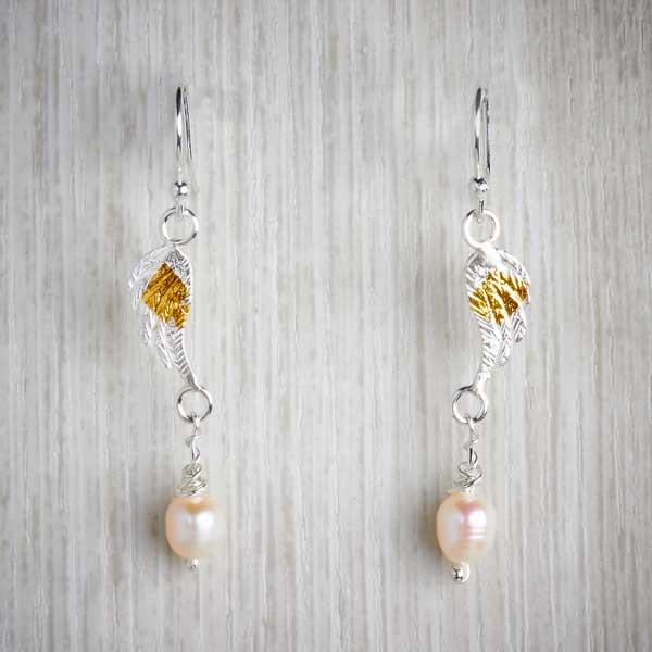 Small Silver Angel Wing Drop Earrings with Pearl by Fi Mehra-0