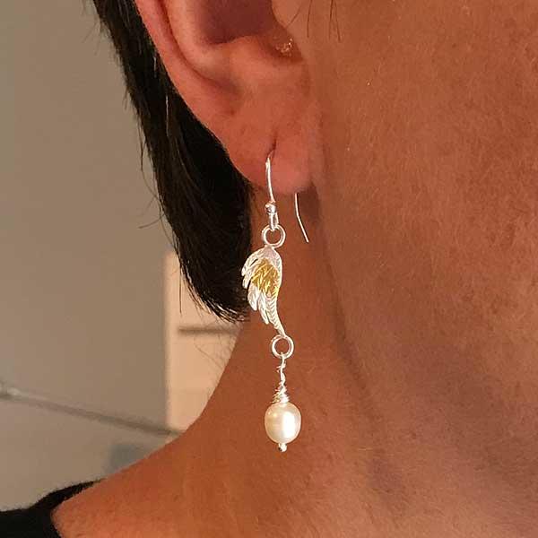 Small Silver Angel Wing Drop Earrings with Pearl by Fi Mehra-1
