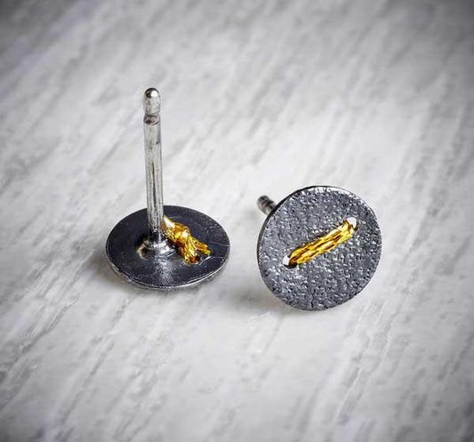 Small Round Oxidised Silver Studs sewn with gold thread by Sara Buk-1