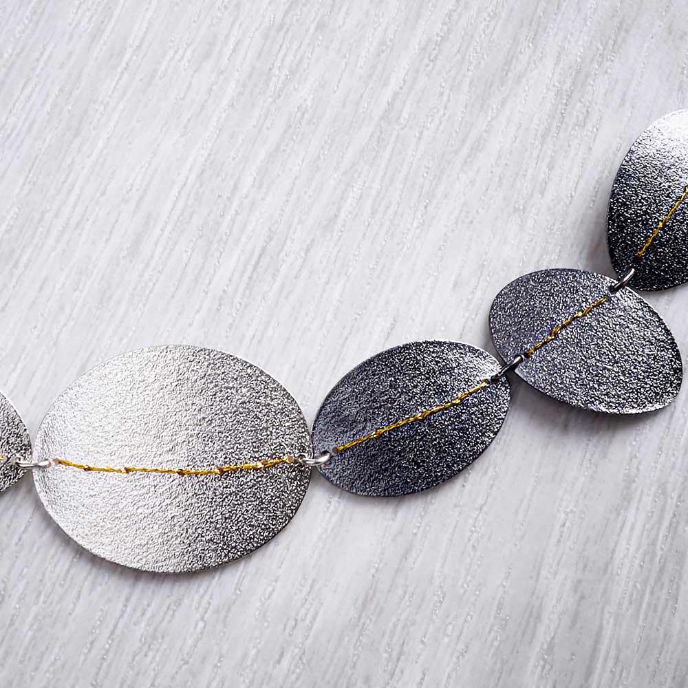 Oxidised (Black) and (White) Silver Assorted Disc Necklace sewn with Gold thread by Sara Bukumunhe-2