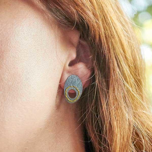 Oxidised (Blackened) Silver Cut-out circle earrings sewn with Gold thread by Sara Bukumunhe-1