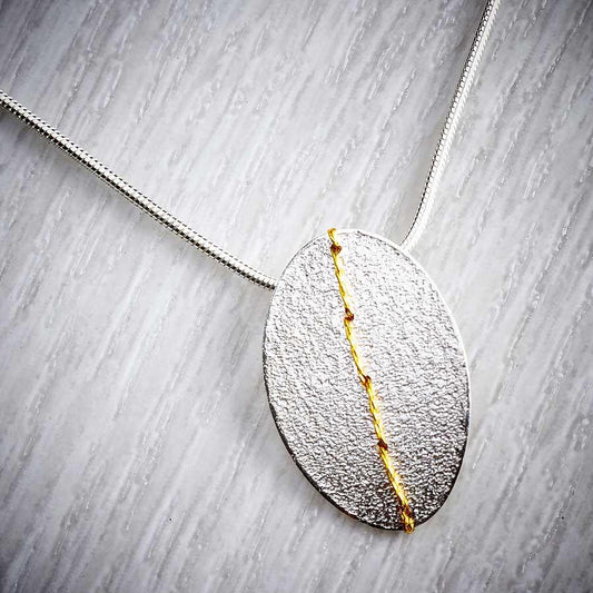 Small Oval Necklace sewn with Gold thread by Sara Bukumunhe-0