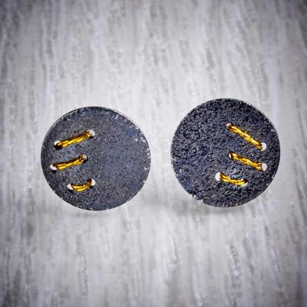 Oxidised Silver Stud Earrings with Gold Thread Slash by Sara Bukumunhe-0