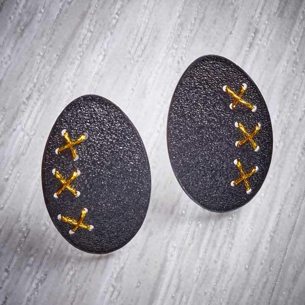 Large Blackened Silver Cross-Stitched Studs by Sara Bukumunhe-0