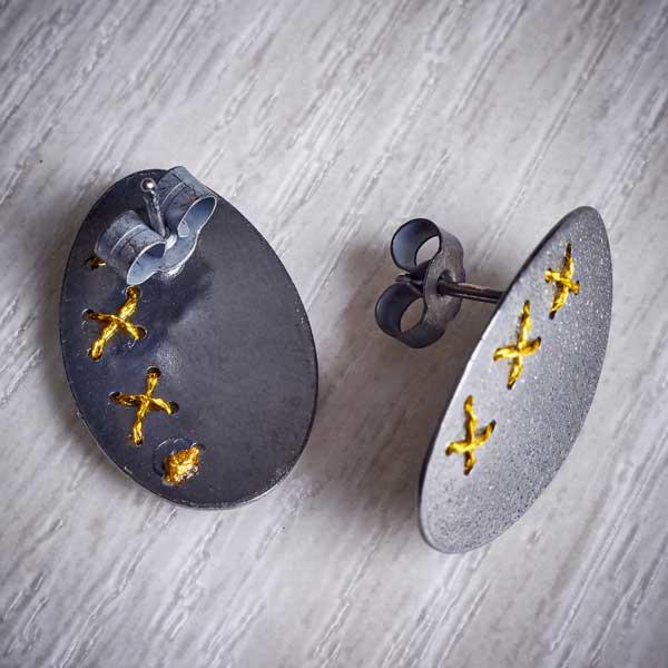 Large Blackened Silver Cross-Stitched Studs by Sara Bukumunhe-2