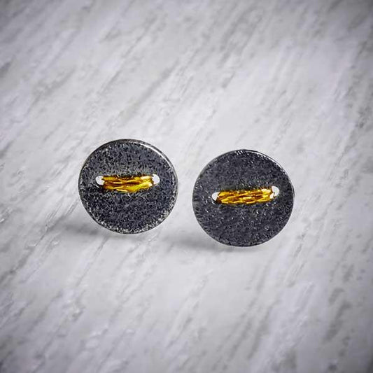 Small Round Oxidised Silver Studs sewn with gold thread, by Sara Buk-0