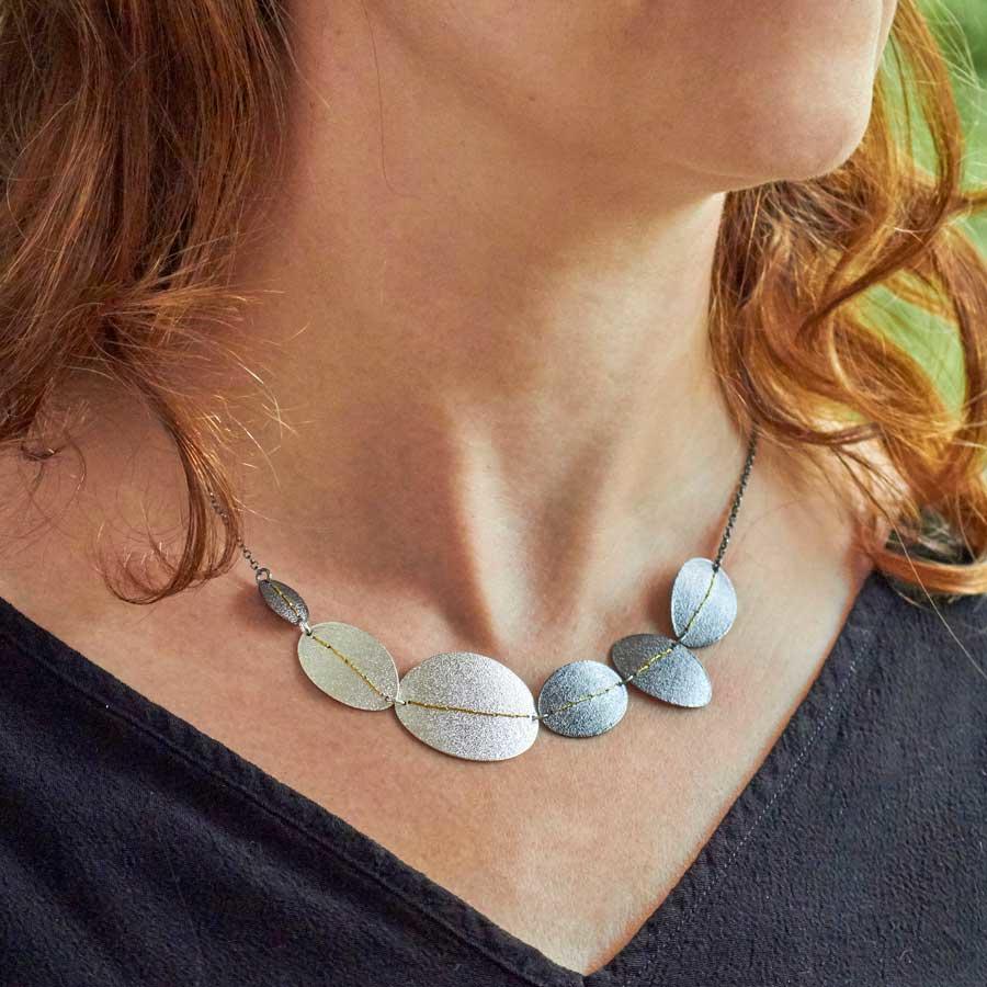 Oxidised (Black) and (White) Silver Assorted Disc Necklace sewn with Gold thread by Sara Bukumunhe-0