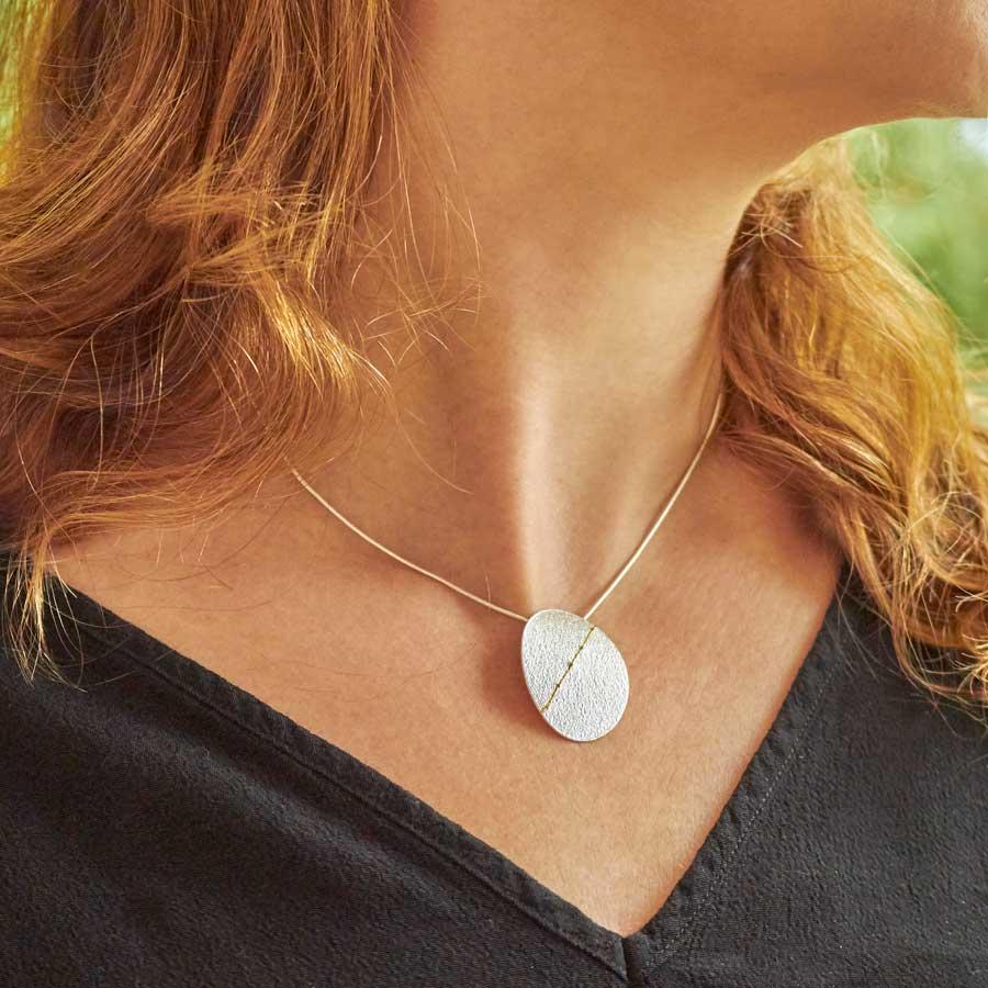 Large Silver Oval Necklace sewn with Gold thread by Sara Bukumunhe-0