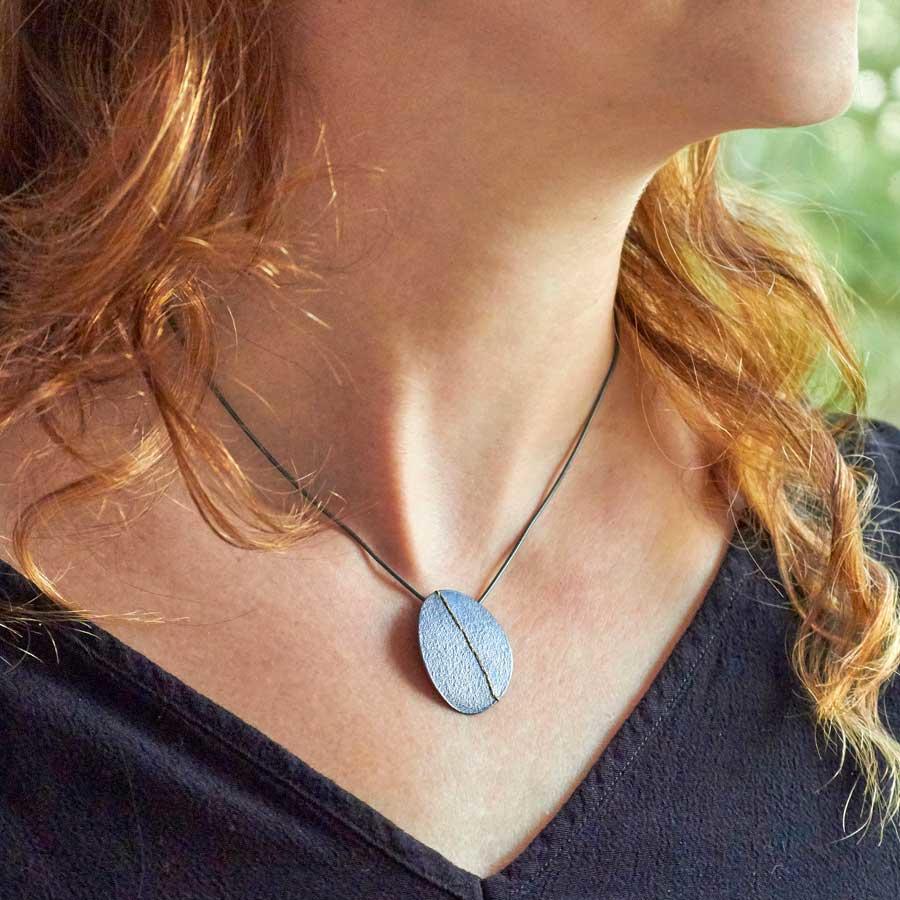 Large Oxidised (Black) Silver Oval Necklace sewn with Gold thread by Sara Bukumunhe-2