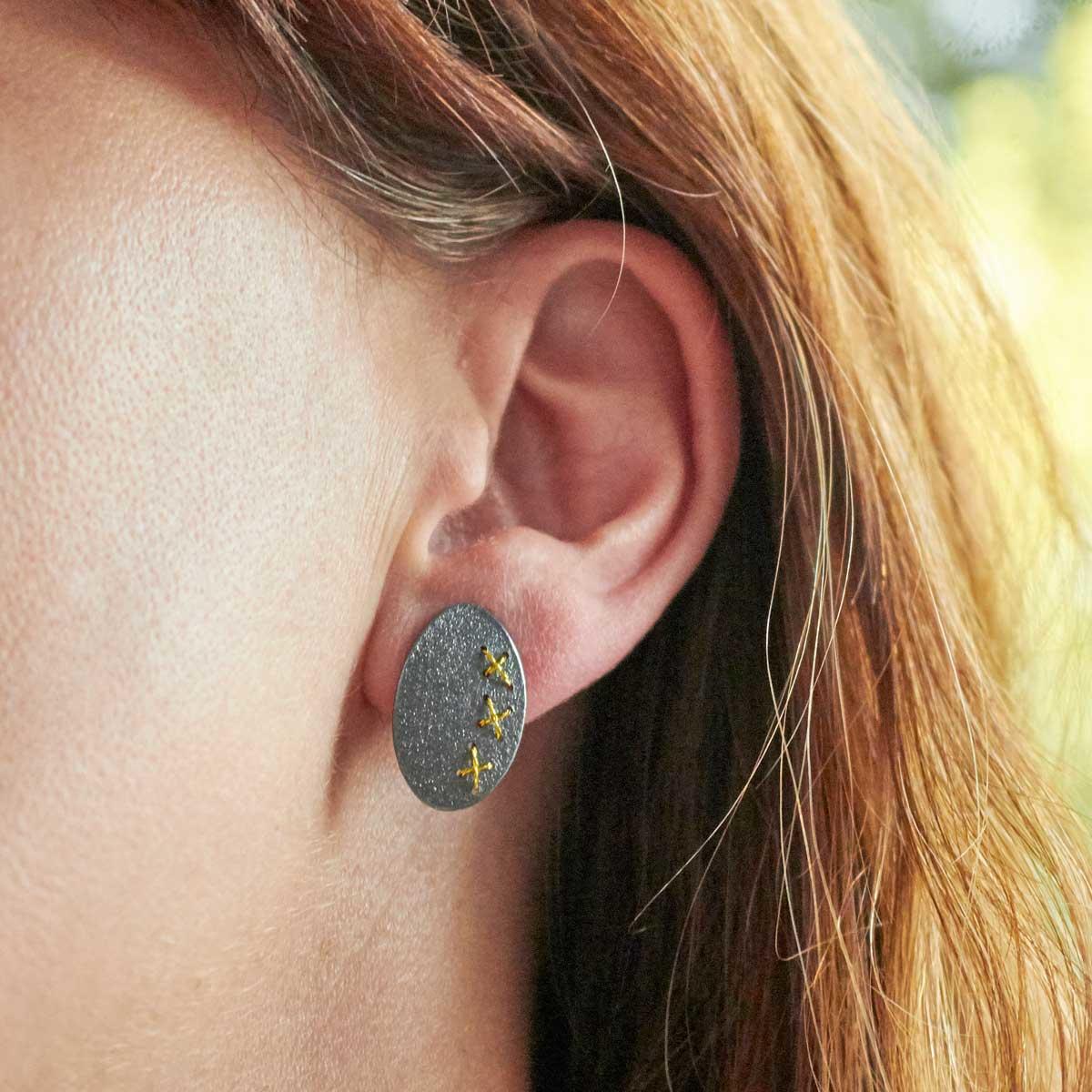 Large Blackened Silver Cross-Stitched Studs by Sara Bukumunhe-1