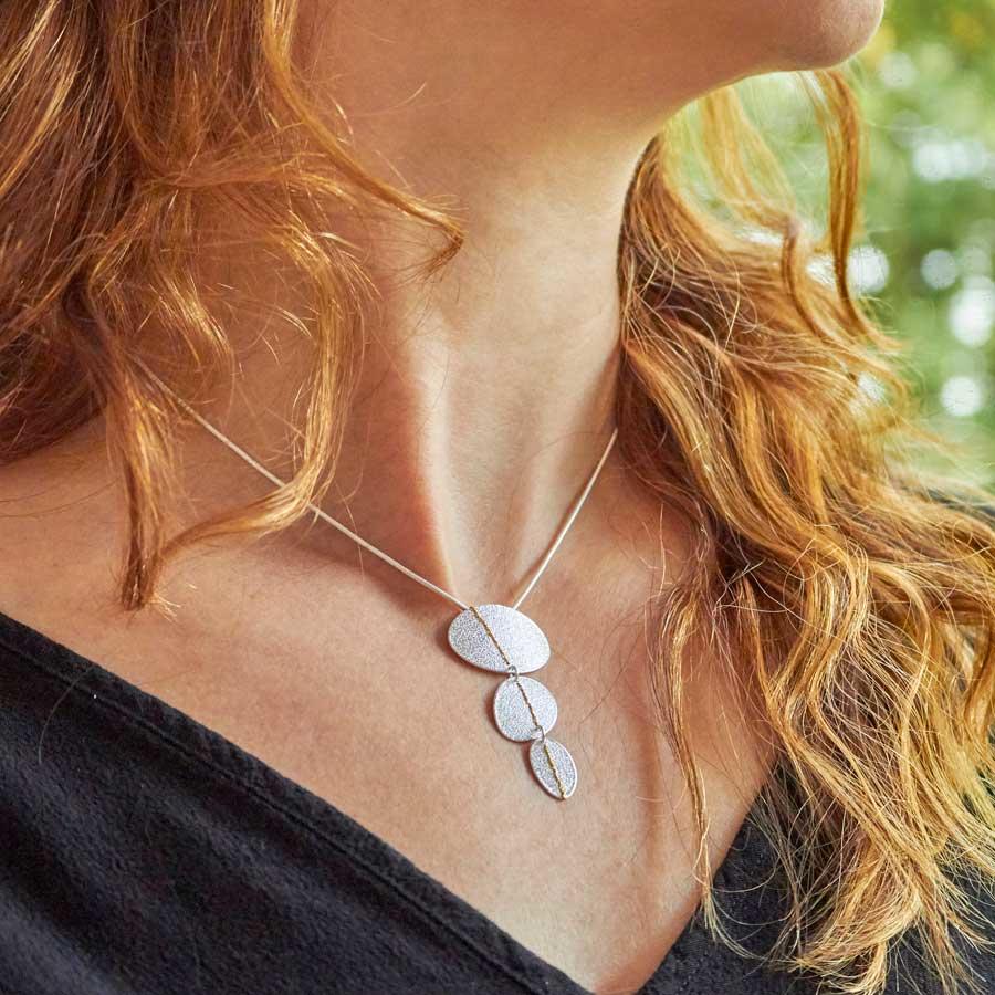 Silver Trio Drop Necklace sewn with Gold thread by Sara Bukumunhe-0