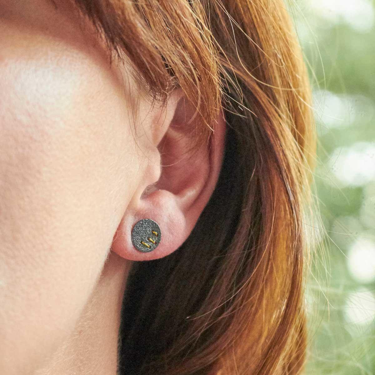 Oxidised Silver Stud Earrings with Gold Thread Slash by Sara Bukumunhe-2