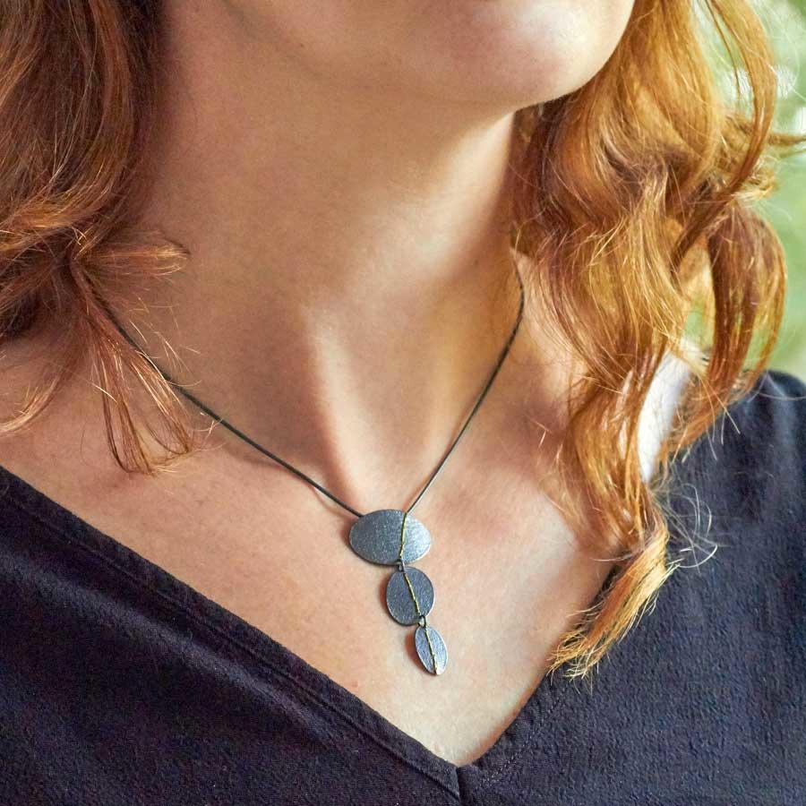 Oxidised Silver Trio Drop Necklace sewn with Gold thread by Sara Bukumunhe-2