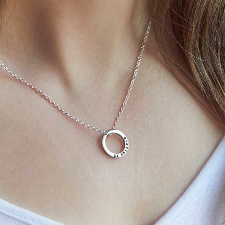 Silver Tiny Text Personalised Circle Pendant by Emma White