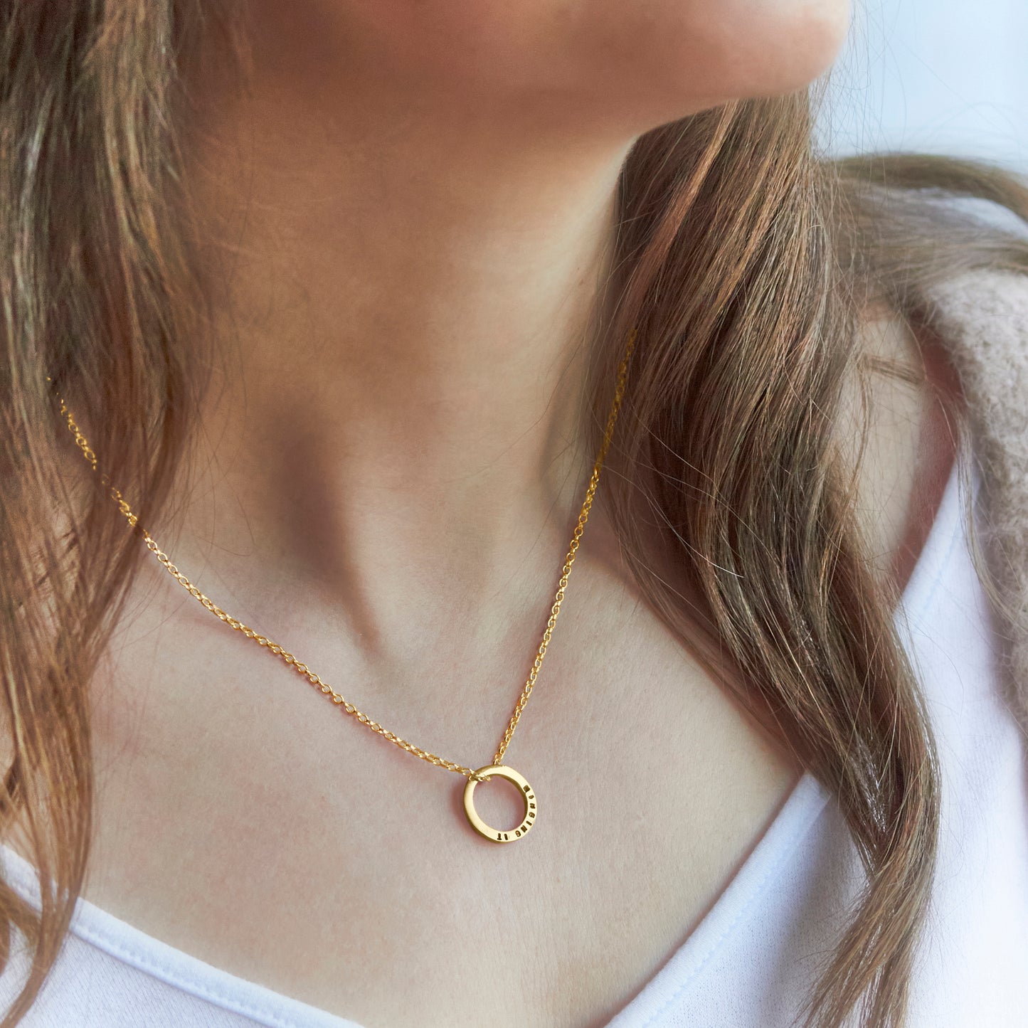 Gold Vermeil Tiny Text Personalised Circle Pendant by Emma White