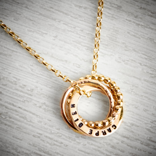 Solid Gold Personalised Triple Circle Pendant and Bobble Loop