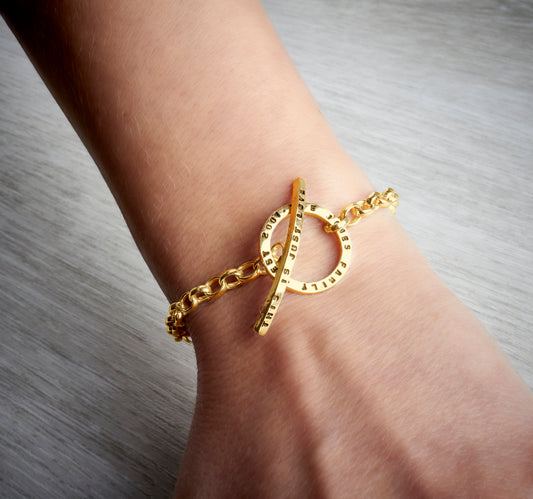 Tiny Text Personalised Gold Vermeil Toggle Bracelet