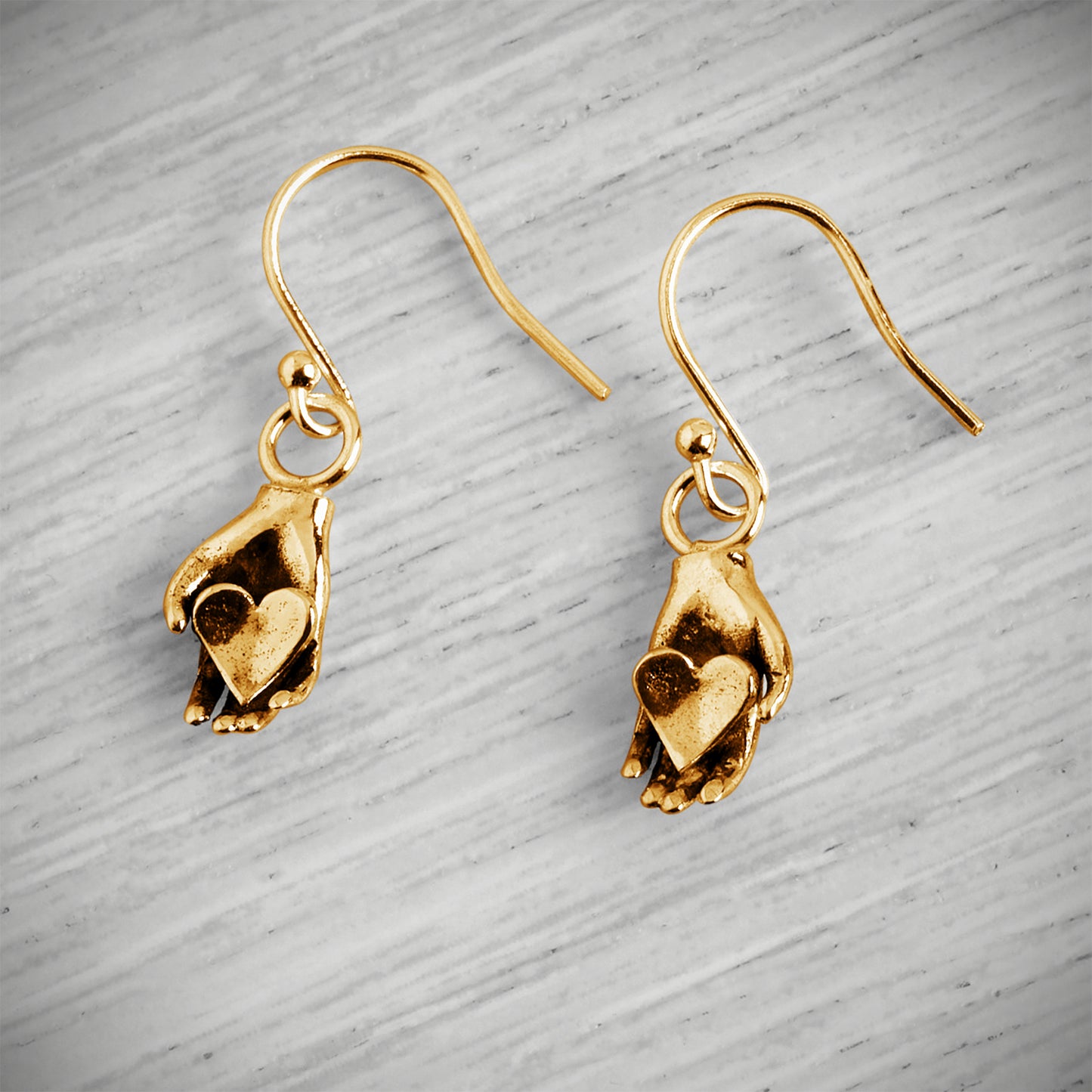 Gold Vermeil Tiny Heart in Hand Hook Earrings by Emma White