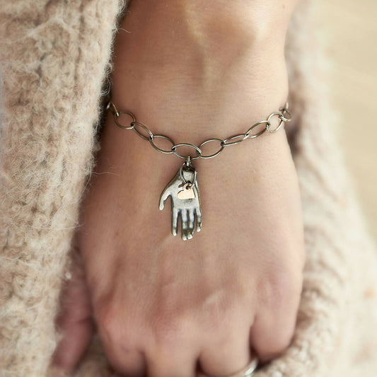 Gold Heart in Oxidised Hand Bracelet by Emma White
