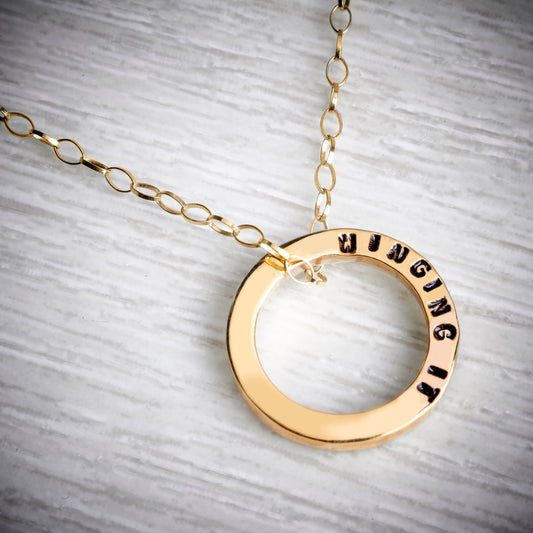 Solid Gold Personalised Circle Pendant on a gold chain by Emma White