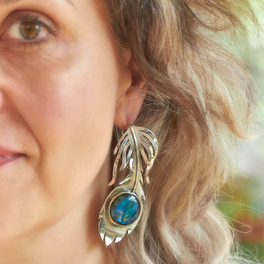Large Peacock Feather Statement Earring by Emma White
