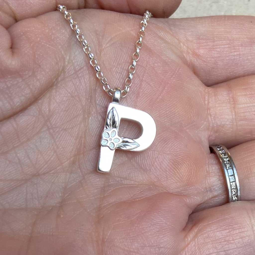 Silver Letter P Necklace, made by Elin Mair, Image property of THE JEWELLERY MAKERS in hand-2